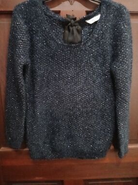 Naf Naf Sparkle Knit Sweater Navy Size M Metallic Gold Thread Adds Sparkle